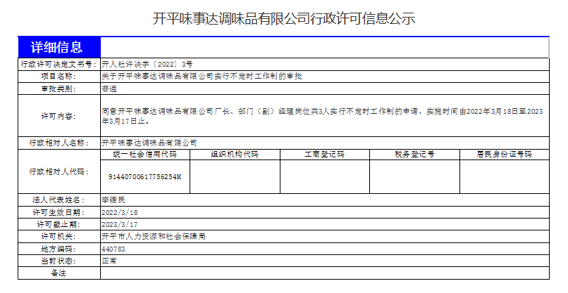 開(kāi)平味事達(dá)調(diào)味品有限公司行政許可信息公示.png